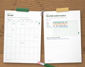Month page and monthly habit tracker filled in with coloured habits