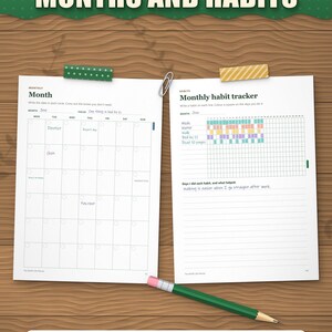 Month page and monthly habit tracker filled in with coloured habits