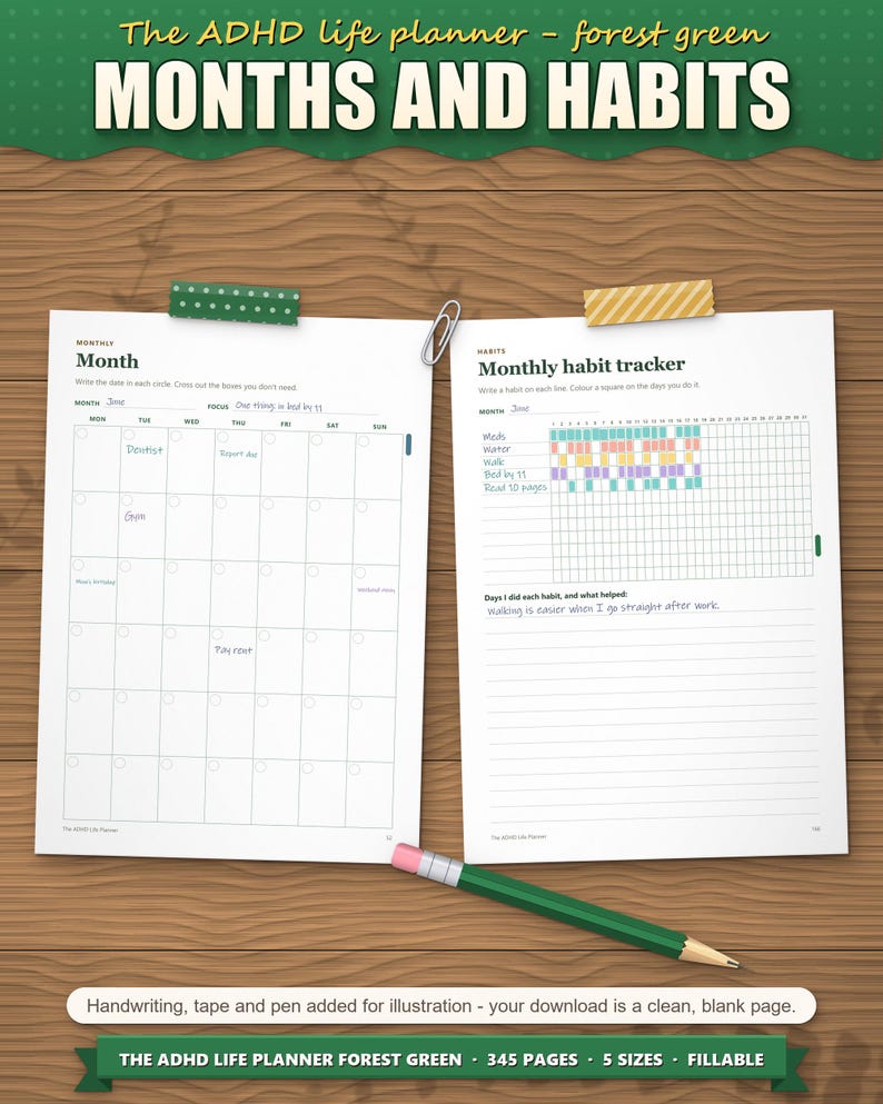 Month page and monthly habit tracker filled in with coloured habits
