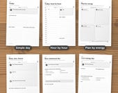 Six daily page layouts: simple day, hour by hour, plan by energy, must nice bonus, bare minimum and low-energy day
