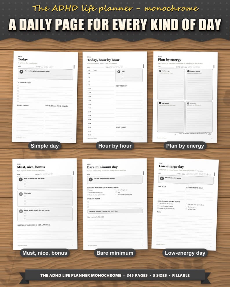 Six daily page layouts: simple day, hour by hour, plan by energy, must nice bonus, bare minimum and low-energy day