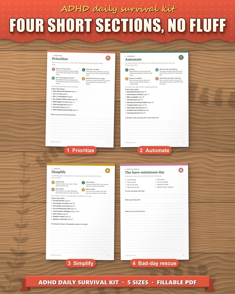 Four short sections of the survival kit: prioritize, automate, simplify and bad-day rescue
