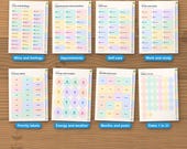 Eight of the 19 sticker pages: wins, appointments, self-care, work, priority labels, energy and weather, months, dates