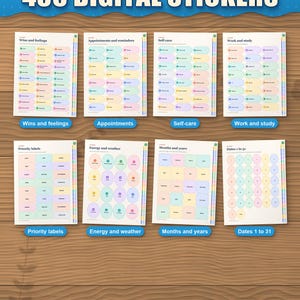 Eight of the 19 sticker pages: wins, appointments, self-care, work, priority labels, energy and weather, months, dates
