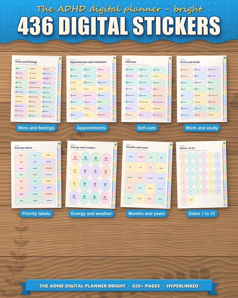 Eight of the 19 sticker pages: wins, appointments, self-care, work, priority labels, energy and weather, months, dates