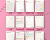 Twelve of the 21 sections of the digital planner, from daily pages to money
