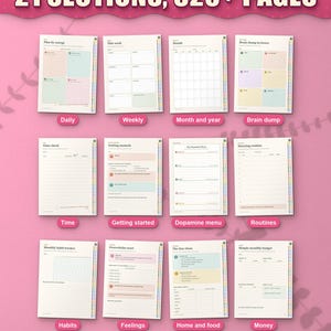 Twelve of the 21 sections of the digital planner, from daily pages to money