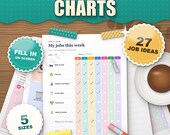 Chore chart for kids printable, weekly job chart with pictures ticked off, job ideas by age, fill in on screen, 5 sizes