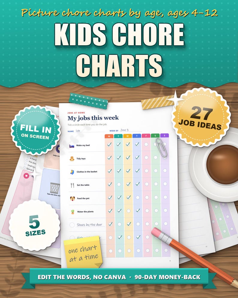 Chore chart for kids printable, weekly job chart with pictures ticked off, job ideas by age, fill in on screen, 5 sizes
