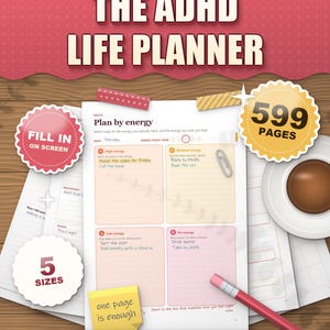 Sunset ADHD Planner 2026 2027 2028 Printable, Dated and Undated, 599 Page Fillable PDF, Daily Weekly Monthly Pages, Dopamine Menu