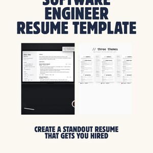 Op de afbeelding: Een cv-sjabloon voor software-engineers met donkerblauwe tekst op een lichte achtergrond. De afbeelding toont een cv-voorbeeld op een scherm en drie lay-outvariaties met het label // three themes. De tekst bevat SOFTWARE ENGINEER RESUME TEMPLATE, CREATE A STANDOUT RESUME THAT GETS YOU HIRED en PROFILETEMPLATES.