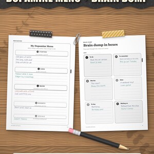 Dopamine menu and brain dump sorted into boxes, filled in as an example