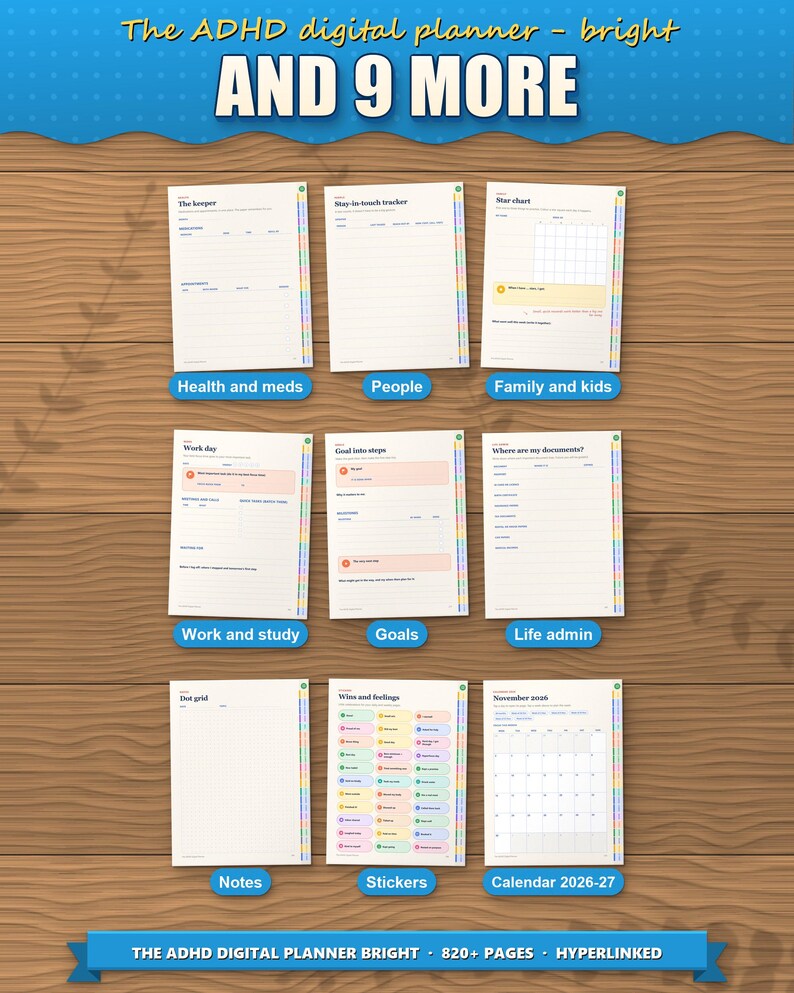 Nine more sections of the digital planner, including stickers and the dated calendar