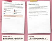 What ADHD burnout can feel like page and the sources page naming the research behind the guide