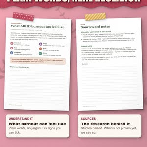 What ADHD burnout can feel like page and the sources page naming the research behind the guide