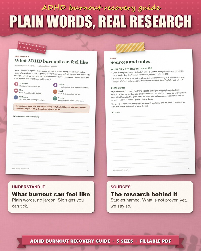 What ADHD burnout can feel like page and the sources page naming the research behind the guide