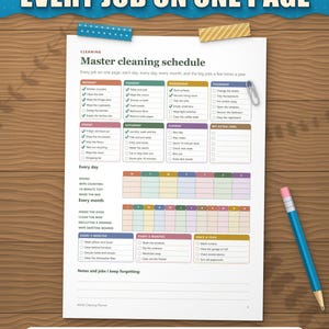 Master cleaning schedule: jobs for each weekday, every day, every month, every 3, 6 and 12 months on one page