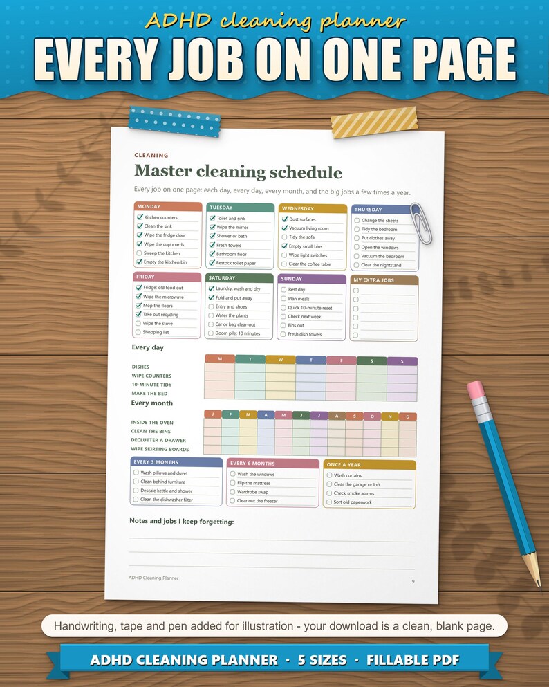 Master cleaning schedule: jobs for each weekday, every day, every month, every 3, 6 and 12 months on one page