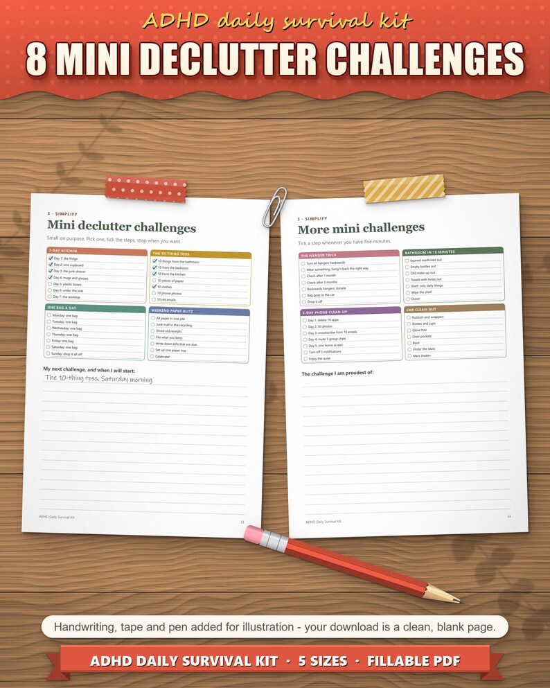 Eight mini declutter challenges: 7-day kitchen, 10-thing toss, one bag a day, paper blitz and more