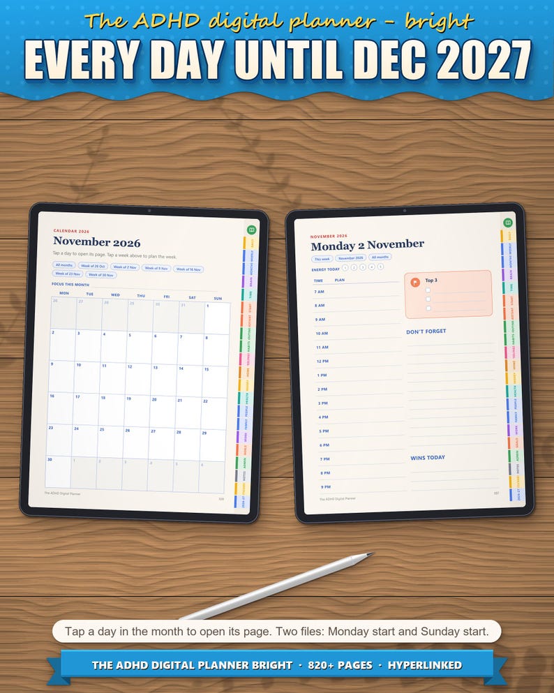 Dated month page and dated day page on two tablets: tap a day to open it