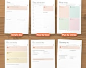 Six daily page layouts: simple day, hour by hour, plan by energy, must nice bonus, bare minimum and low-energy day