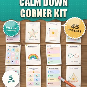 Calm Down Corner Printable, 45 Calming Posters, Feelings Chart for Kids, Feelings Thermometer, Coping Skills, ADHD Kids, Fillable PDF