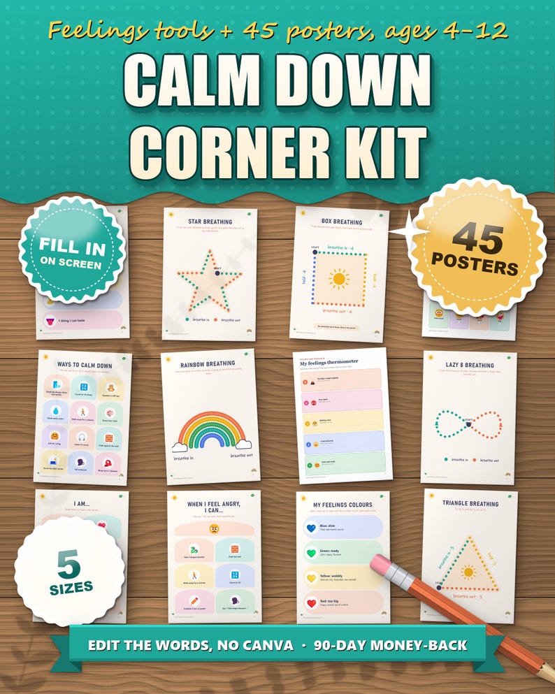 Calm down corner printable: 12 of the 45 calm-corner posters, star and box breathing, feelings faces and thermometer, 5 sizes