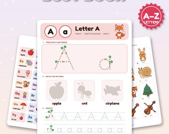 Libro imprimible de actividades del alfabeto, libro tranquilo del ABC, trazado y emparejamiento de letras, carpeta de aprendizaje preescolar, PDF para niños pequeños