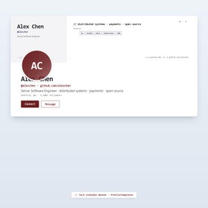 May include: A white and gray LinkedIn profile banner featuring the name "Alex Chen" and the title "Senior Software Engineer." The profile includes contact information, a profile picture with the initials "AC," and links to connect and message.