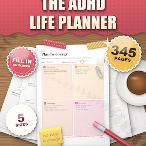The ADHD Life Planner sunset edition 2026 2027 printable, plan by energy daily page in warm sunset colours on a desk, 345 pages, 5 sizes, fill in on screen