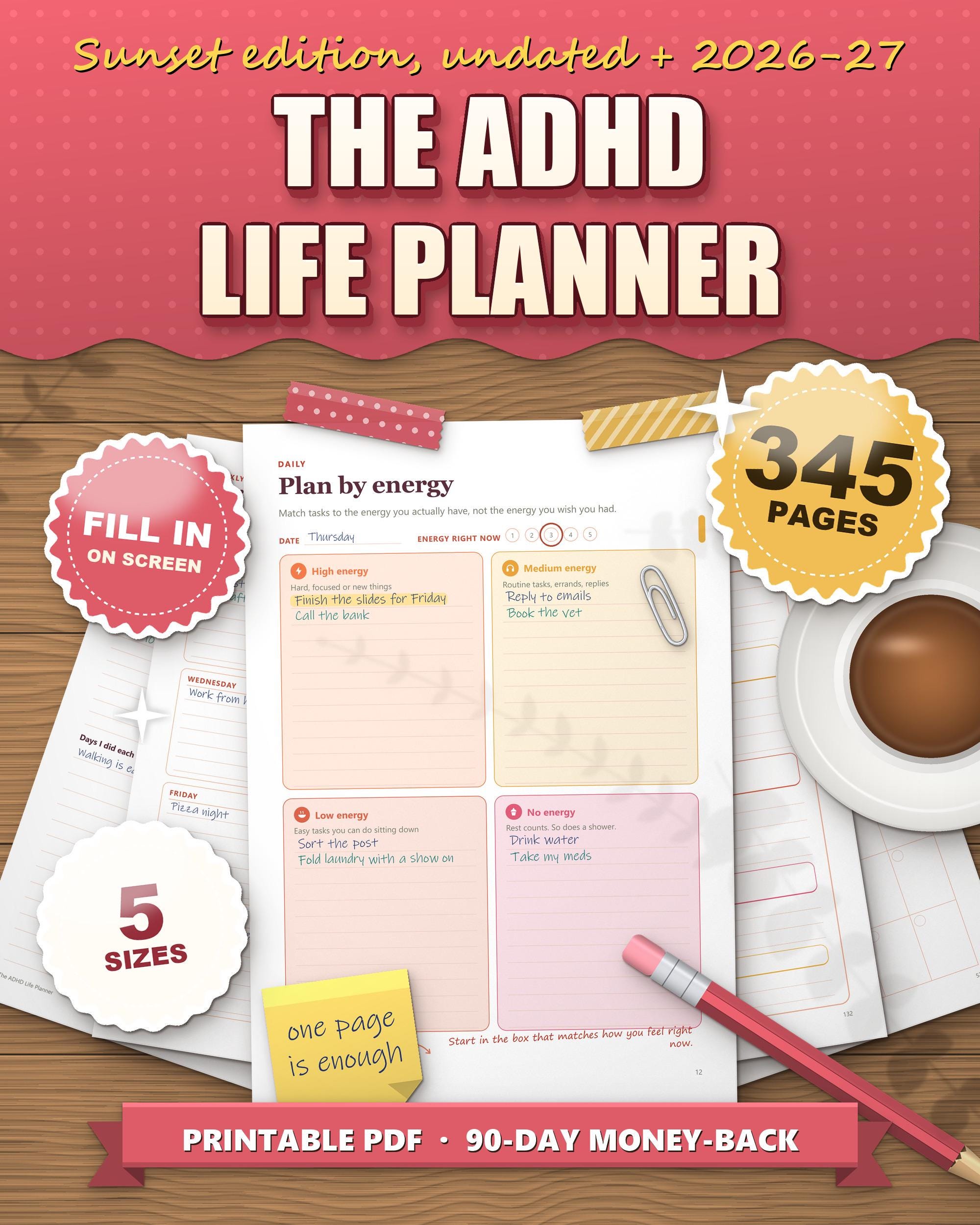 The ADHD Life Planner sunset edition 2026 2027 printable, plan by energy daily page in warm sunset colours on a desk, 345 pages, 5 sizes, fill in on screen