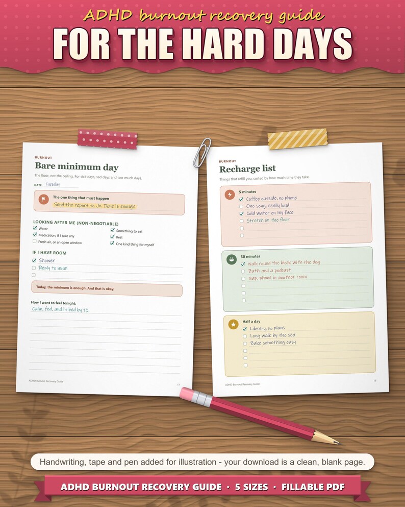 Bare minimum day and recharge list pages for hard days, filled in as an example