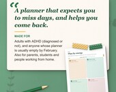 Who the planner is for: adults with ADHD whose planners are empty by February, parents and students