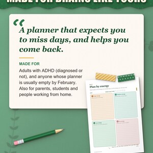 Who the planner is for: adults with ADHD whose planners are empty by February, parents and students