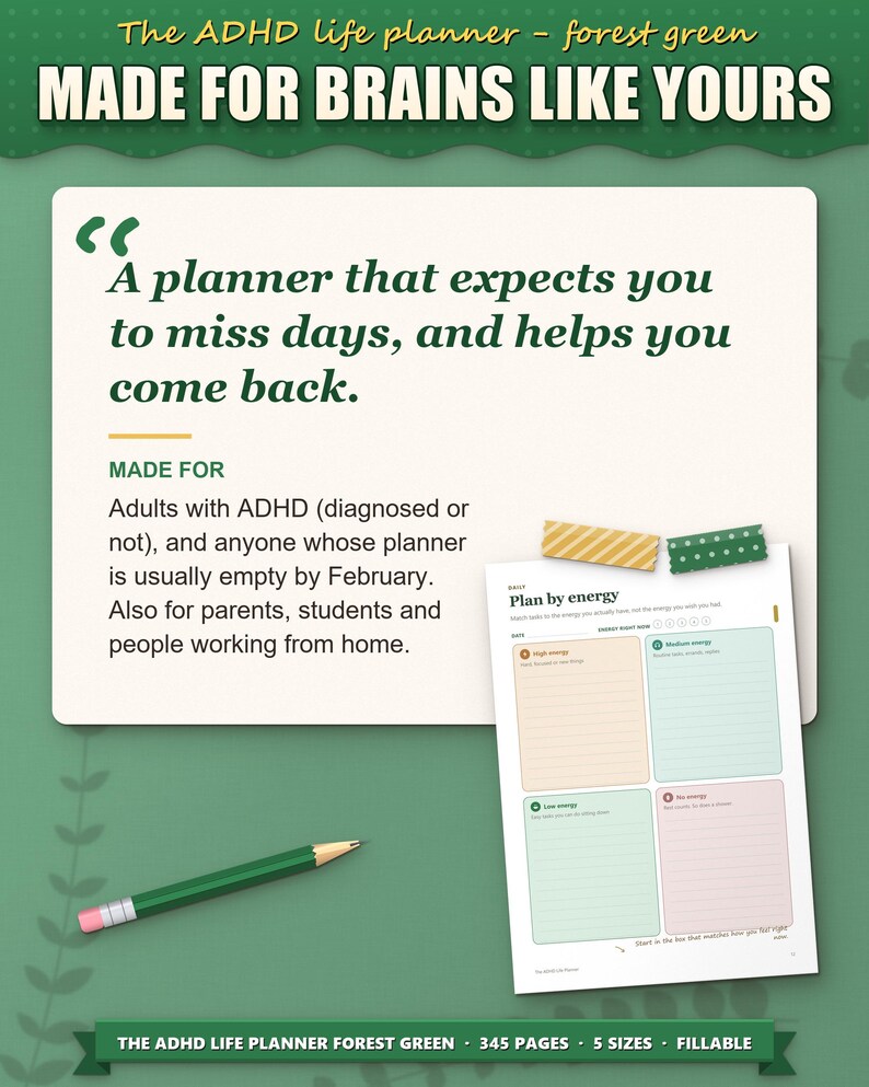 Who the planner is for: adults with ADHD whose planners are empty by February, parents and students