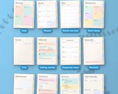 Twelve of the 21 sections of the digital planner, from daily pages to money