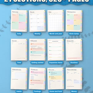 Twelve of the 21 sections of the digital planner, from daily pages to money
