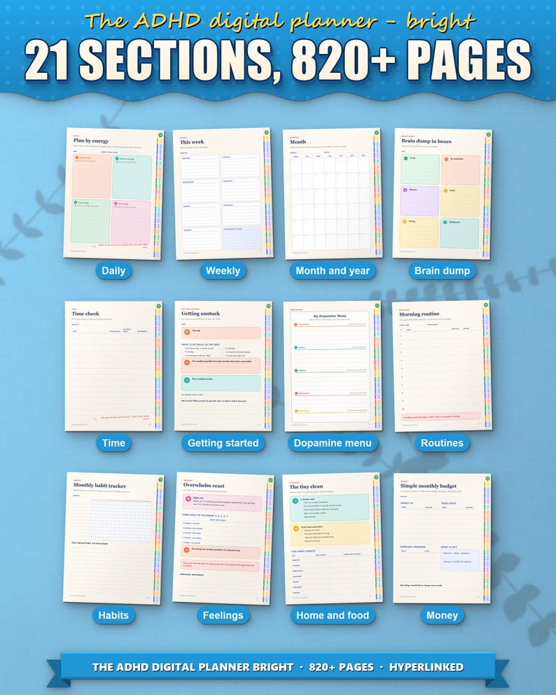 Twelve of the 21 sections of the digital planner, from daily pages to money