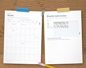 Month page and monthly habit tracker filled in with coloured habits