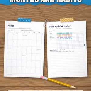 Month page and monthly habit tracker filled in with coloured habits