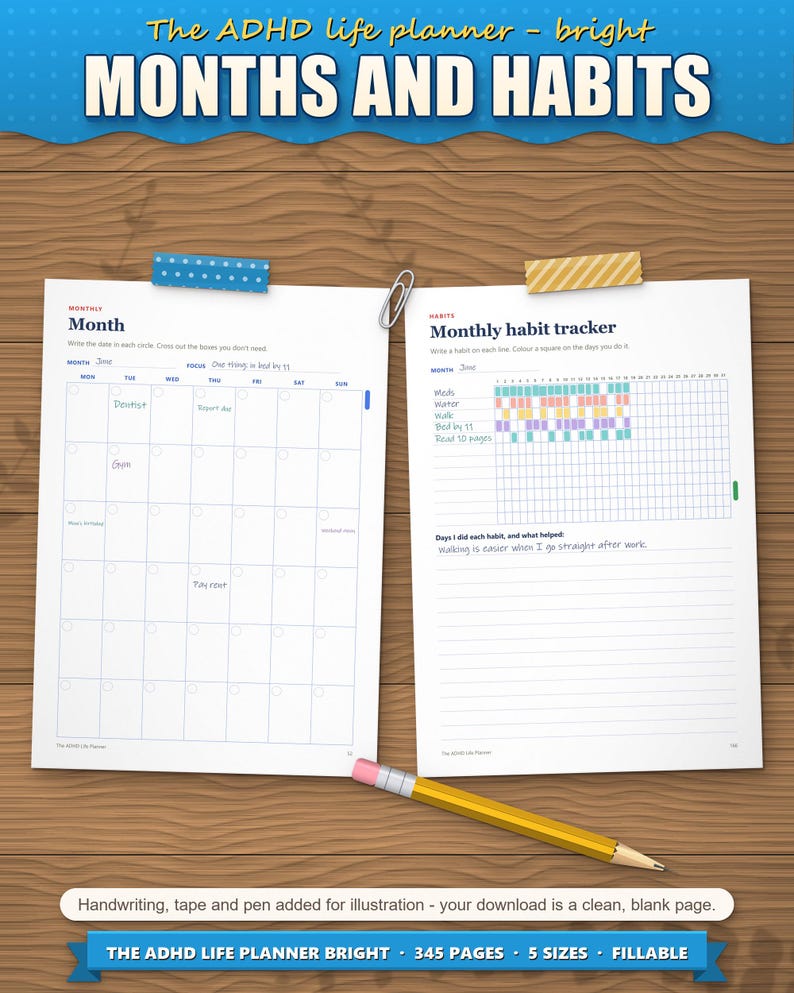 Month page and monthly habit tracker filled in with coloured habits