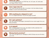 Frequently asked questions: what you get, typing into the PDF, no shipping, free updates, dated and undated, money back, sharing