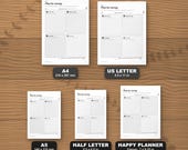 The planner in five paper sizes shown to scale: A4, US Letter, A5, Half Letter and Happy Planner Classic