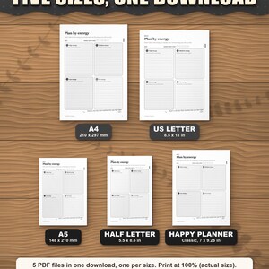 The planner in five paper sizes shown to scale: A4, US Letter, A5, Half Letter and Happy Planner Classic
