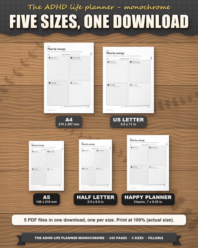 The planner in five paper sizes shown to scale: A4, US Letter, A5, Half Letter and Happy Planner Classic