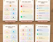 45 calm-corner posters in soft colours: when I feel angry, stop think choose, calm corner, kind self-talk, I am, feelings colours