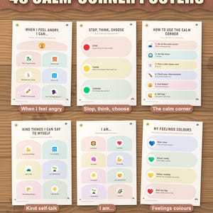 45 calm-corner posters in soft colours: when I feel angry, stop think choose, calm corner, kind self-talk, I am, feelings colours