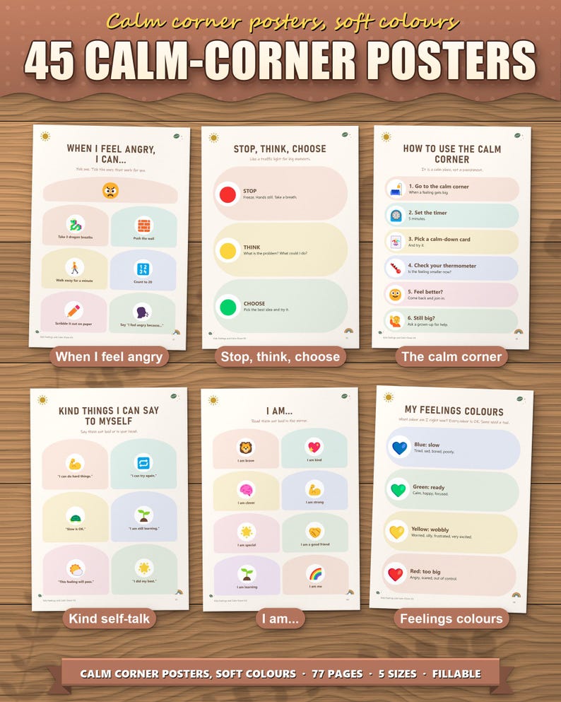 45 calm-corner posters in soft colours: when I feel angry, stop think choose, calm corner, kind self-talk, I am, feelings colours