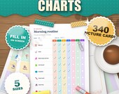 Kids routine chart printable, morning routine picture chart ticked off, 340 picture cards, fill in on screen, 5 sizes
