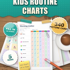 Kids Routine Chart Printable, Visual Schedule, 340 Picture Cards, Morning and Bedtime Routine Cards, ADHD Kids, Fillable PDF, Ages 4-12